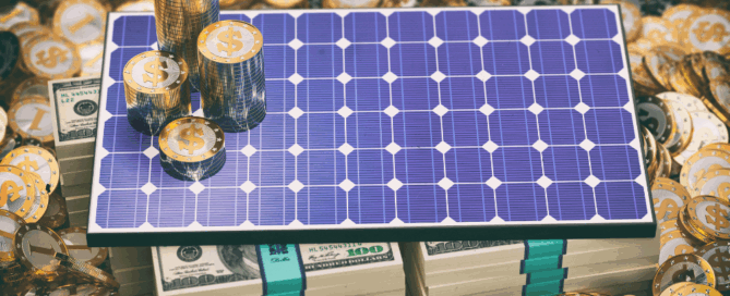 Mirasol Solar tax credit savings concept with solar panel on stacks of cash and gold coins, highlighting financial benefits of going solar in Florida.