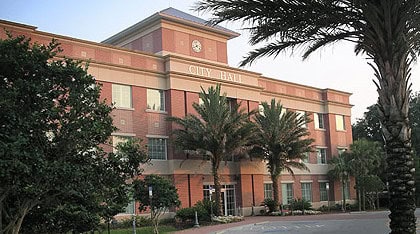 Charlotte County Courthouse in Punta Gorda, Florida, featuring historic architecture with columns and an American flag in front Charlotte County Courthouse in Punta Gorda, Florida, featuring historic architecture with columns and an American flag in front
