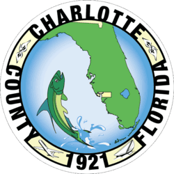 Official seal of Charlotte County, Florida, featuring a jumping fish, state outline, and established date of 1921 Official seal of Charlotte County, Florida, featuring a jumping fish, state outline, and established date of 1921