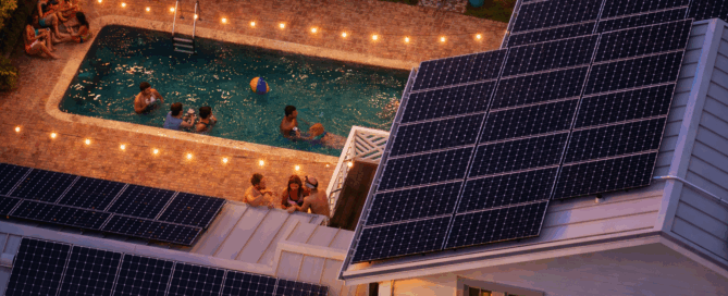 Mirasol Solar Florida home with rooftop solar panels powering a backyard pool, showcasing solar pool heating and energy-efficient outdoor living