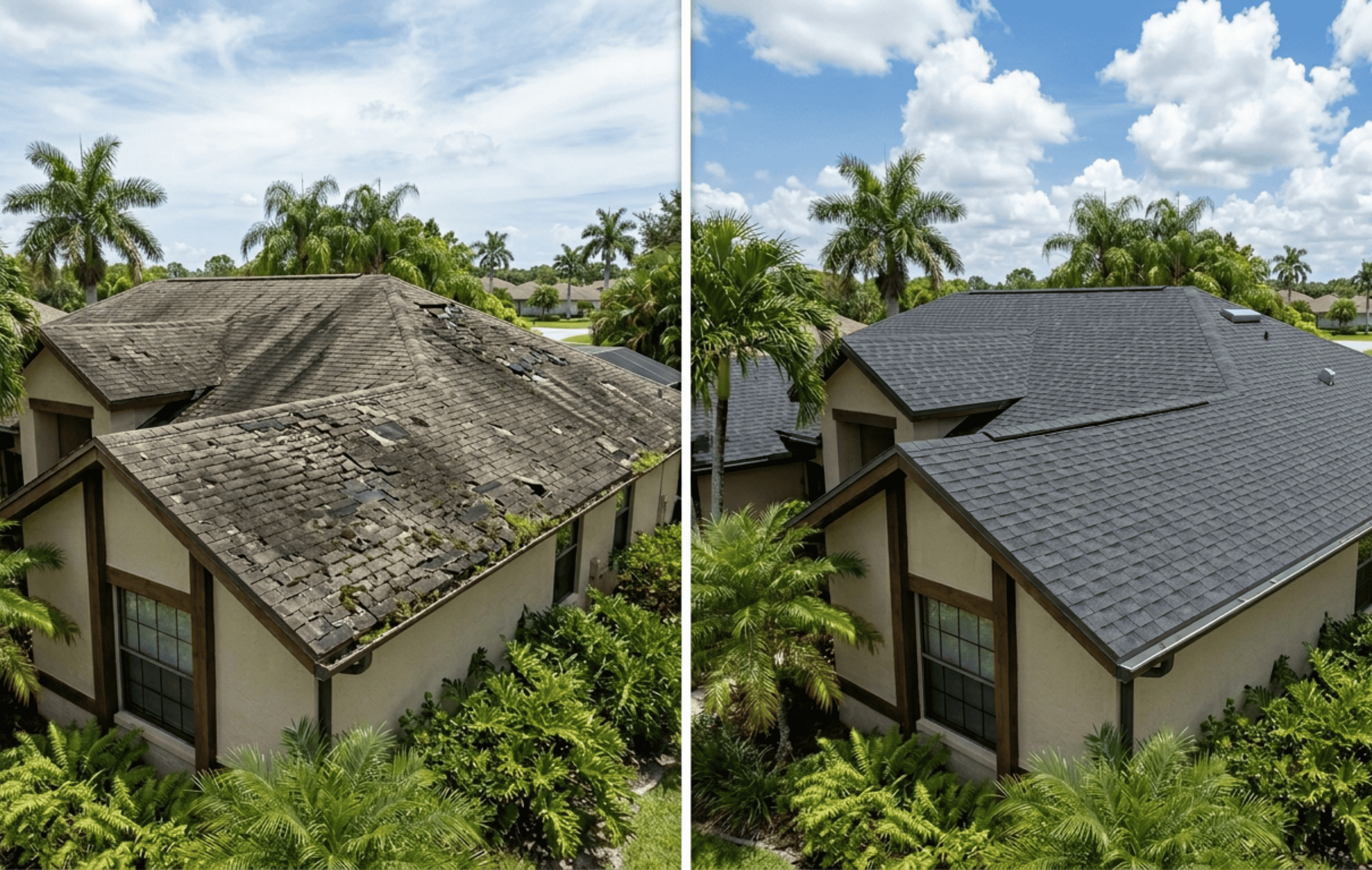 Sarasota Florida home roof replacement before and after - deteriorated shingles replaced with new architectural asphalt shingles by Mirasol Solar Roofing