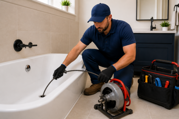 Plumber using a drain snake to clear a bathtub drain in a residential bathroom.