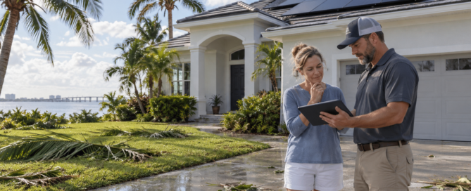 Sarasota homeowner and solar-roof professional reviewing post-storm conditions from the ground.